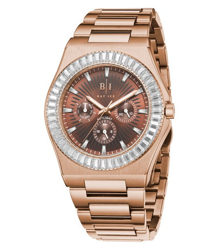 Diamond Baguette - Bay Ice Skylight Watch in Rose Gold and Chocolate Dial Item | Buy Diamond Baguette - Bay Ice Skylight Watch in Rose Gold and Chocolate Dial | SPOP Enterprise Global